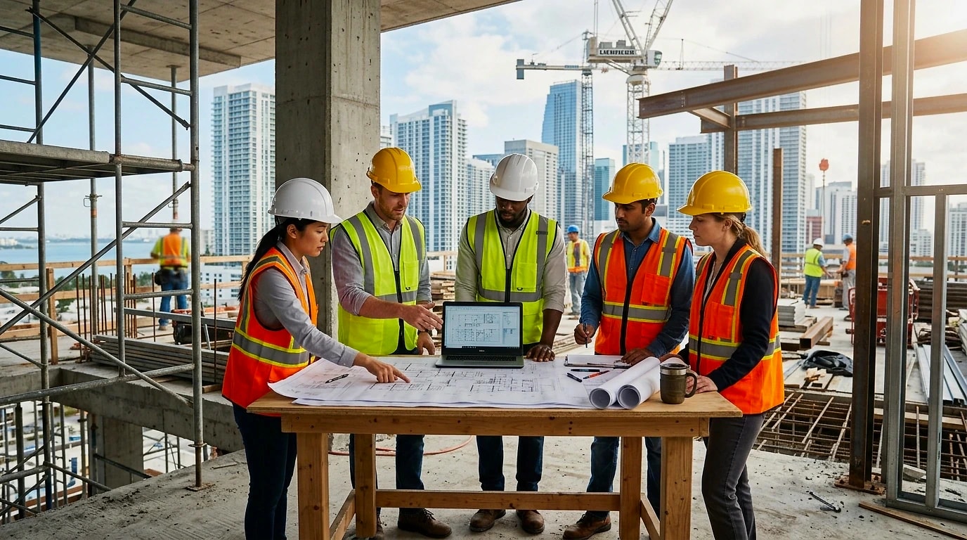 A UN!Q project team reviewing drawings together on a Dubai site