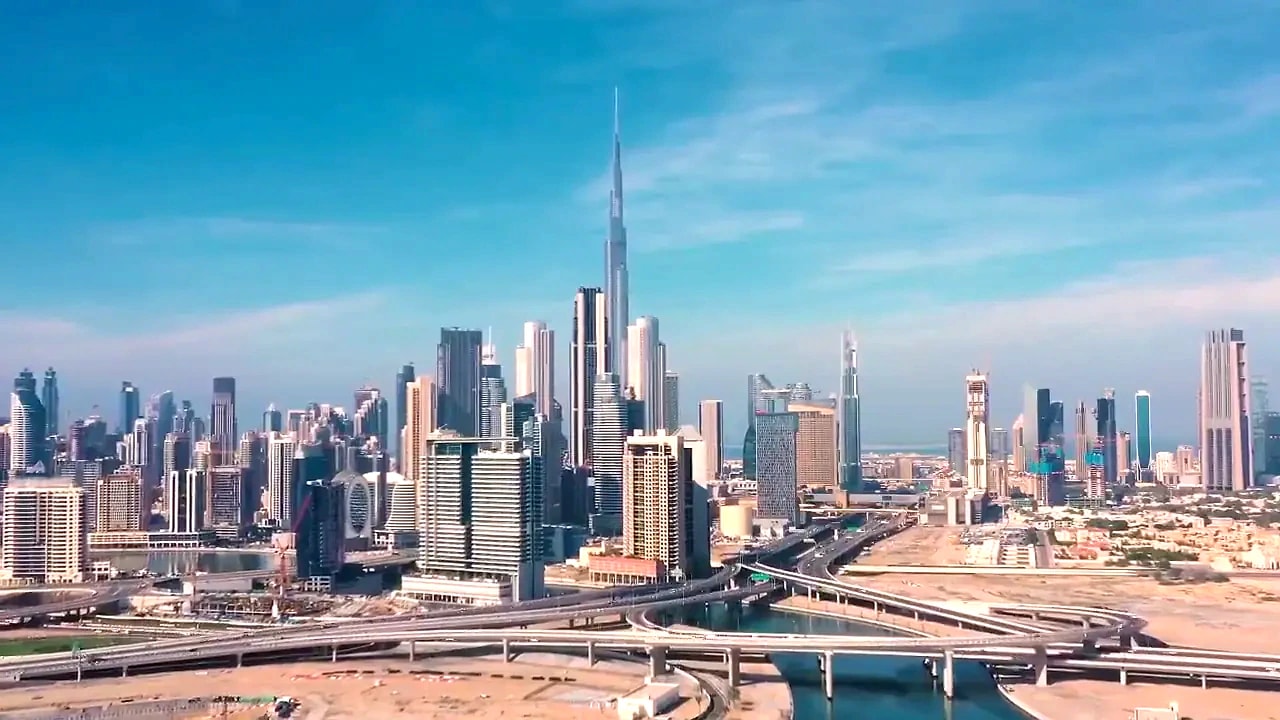Aerial view of Downtown Dubai and the Burj Khalifa in daylight